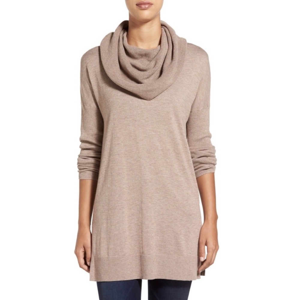 Caslon Taupe Convertible Cowl Neck Sweater blouse Tunic length Top Size X-Small